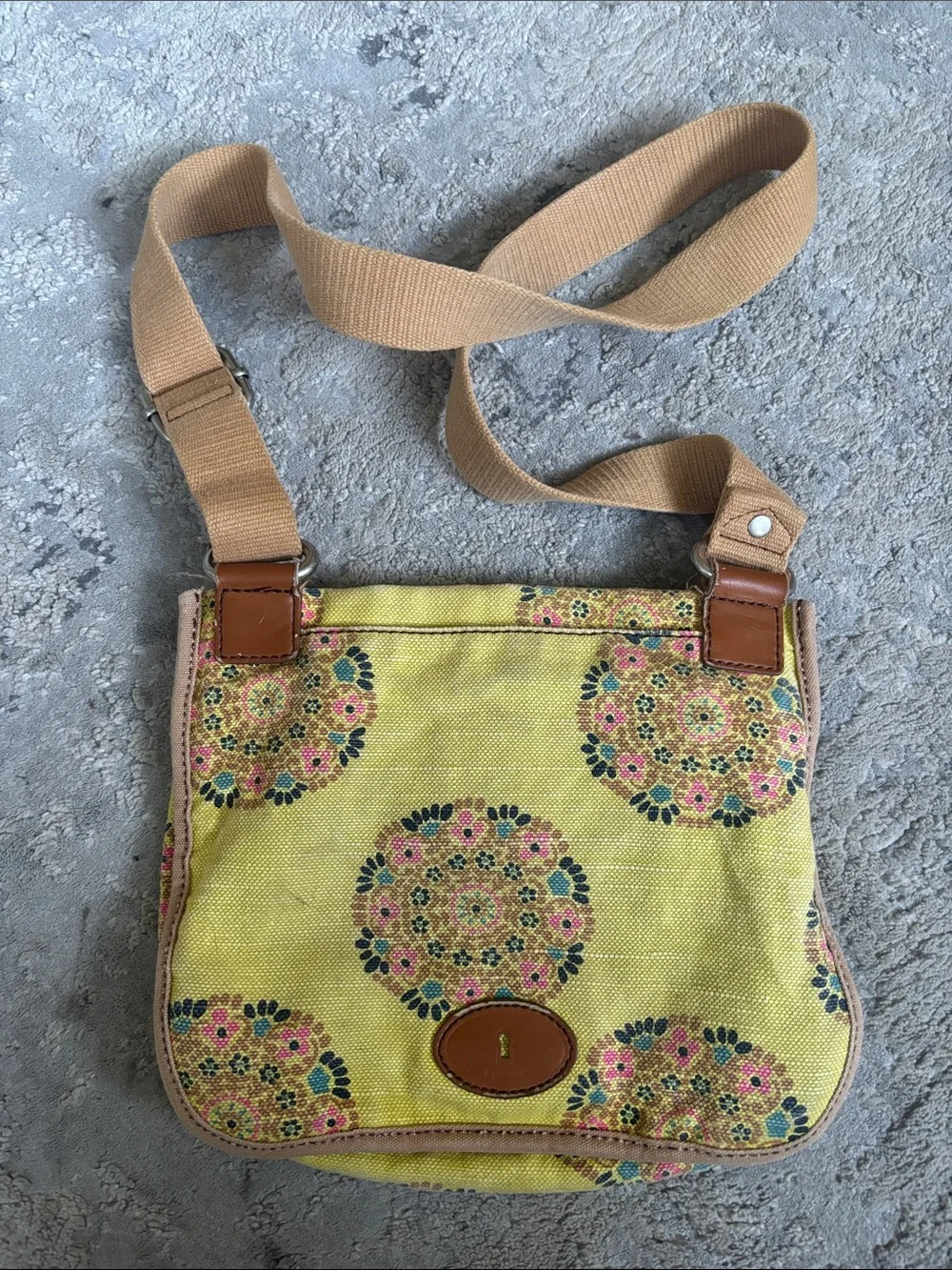 Vintage Fossil Yellow Floral Canvas Crossbody with Brown Trim
